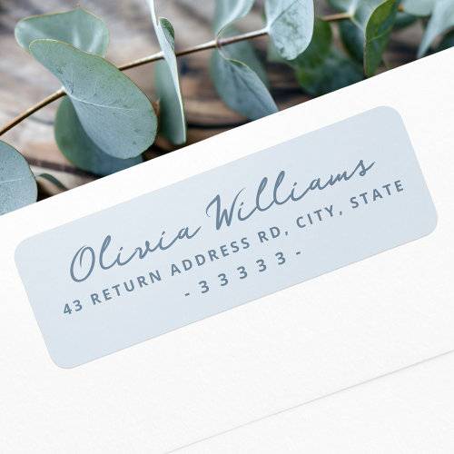 Elegant blue return address label with custom name in script font and modern uppercase address design.
