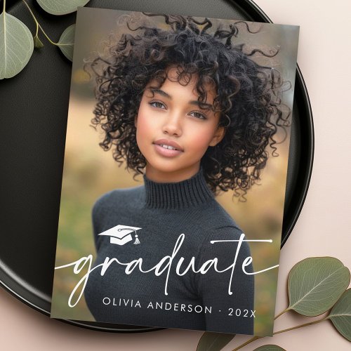 Modern minimal script cap photo graduation announcement
