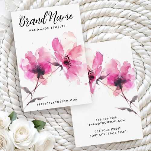 Pink floral watercolor earring display card design with customizable brand and contact information.