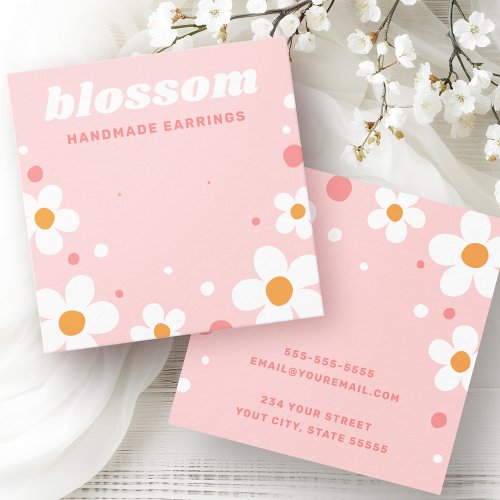 Cute pink earring display card with white daisy flowers and customizable shop branding.
