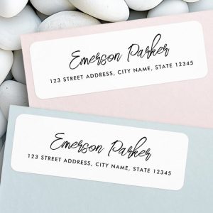 Trendy script white return address label
