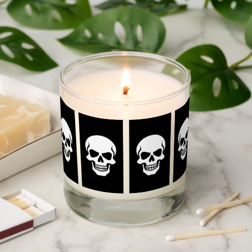 White skulls on black panels gothic Halloween scented candle