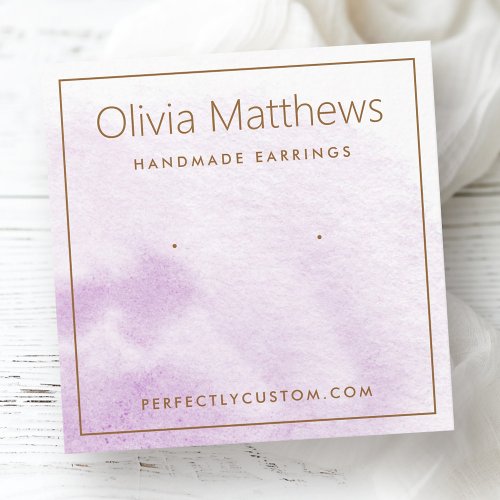 Square lavender watercolor earring display card with custom text and elegant font.
