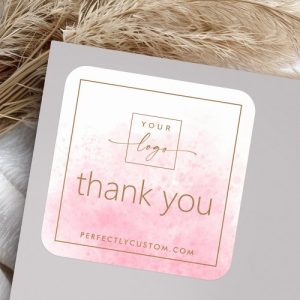 Elegant pink white watercolor logo thank you square sticker