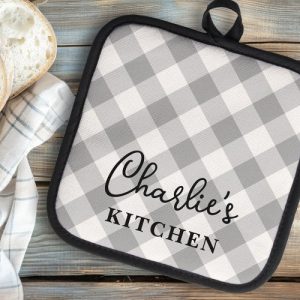 Modern plaid gray white checkers name's kitchen pot holder