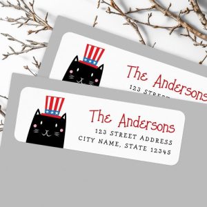 Cat wearing a patriotic hat 4th of July Label