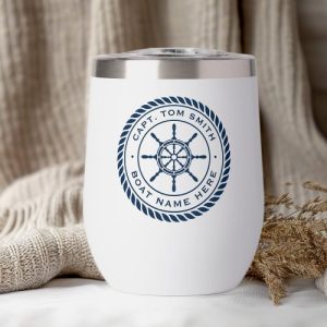 Custom captain boat name nautical ship's wheel thermal wine tumbler