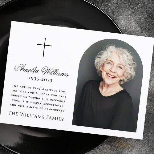 Custom memorial thank you card with Christian cross, arch shaped photo, and personalized funeral message.
