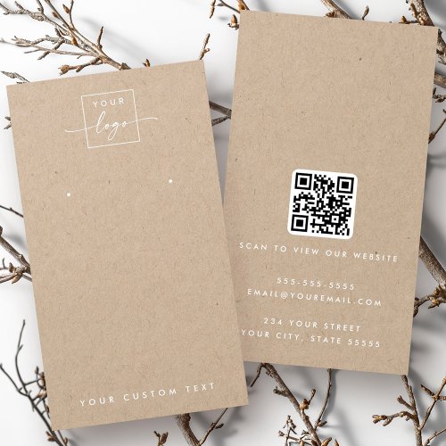 Rustic kraft paper earring display card with customizable logo, text, and QR code.