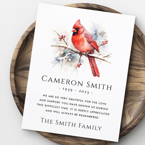Memorial sympathy thank you card with watercolor red cardinal illustration and customizable text.