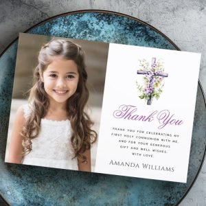 Watercolor cross purple flower First Communion Thank You Card