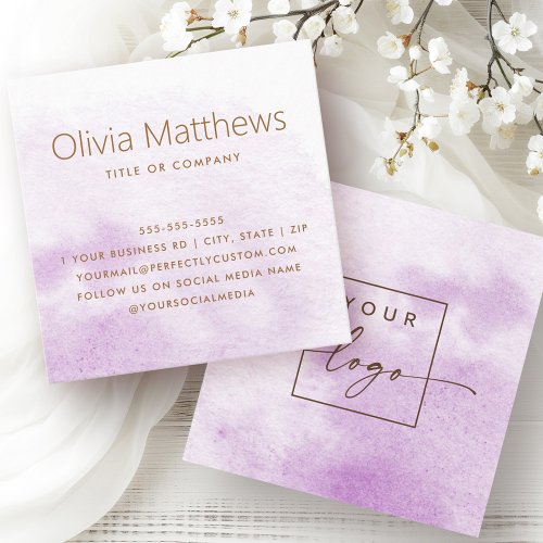 Elegant light purple watercolor square business card with custom logo