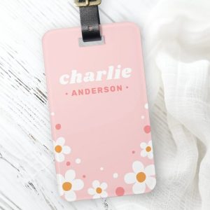 Cute strawberry blossom retro font name light pink luggage tag