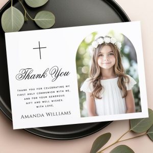 Elegant arch photo cross First Holy Communion Thank You Card