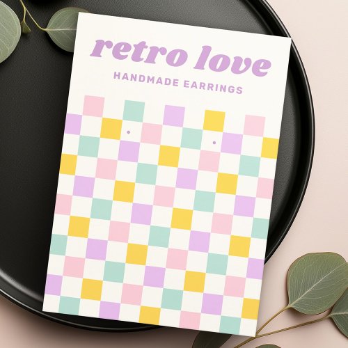 Pastel checkerboard earring display card with customizable retro branding and contact details.