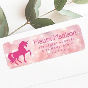 Pink unicorn return address label with sparkly pink bokeh background.