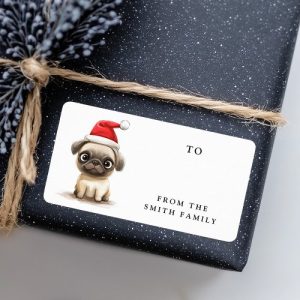 Cute pug dog Santa hat Christmas to from gift tag