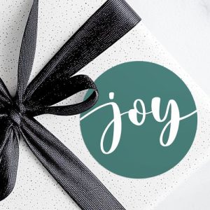 Joy cute script simple typography green Christmas Classic Round Sticker