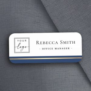 Logo name title dark blue border white modern name tag