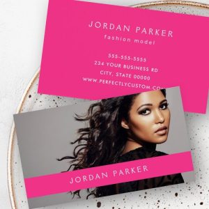 Trendy fashion model photo hot pink business card with horizontal stripe