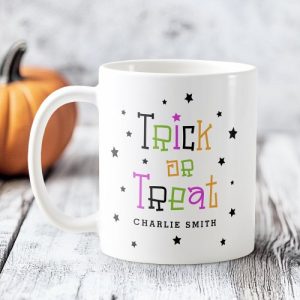Trick or treat Halloween coffee mug with whimsical lettering and custom name