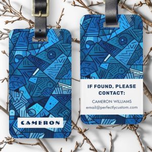 Blue abstract geometric pattern custom name luggage tag