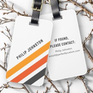 Gray and orange diagonal retro stripes white luggage tag