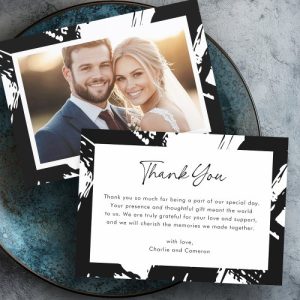 Modern black messy brushstrokes photo wedding thank you card