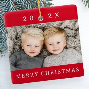 Family photo and year red Merry Christmas Ceramic Ornament