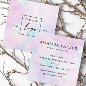 Square iridescent look pastel business card with printed holographic style pink, purple, and aqua background. Customizable logo template on the front and editable contact details on the back. Modern and creative business card design for professionals, writers, and small businesses.