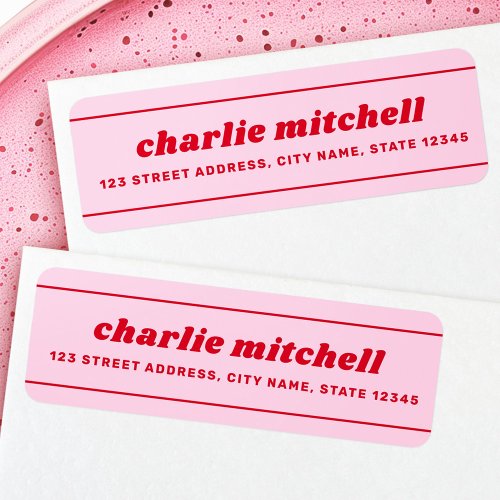 Bold, pink and red, retro typography return address label with horizontal lines