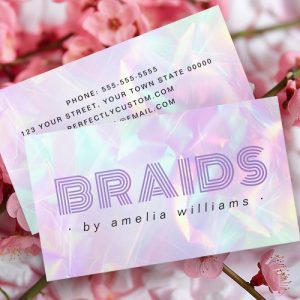 Pastel holographic print business card design with iridescent look background in pink, violet, turquoise, and pearl. Front features bold striped typography with "BRAIDS," back has clean black contact details. Ideal for braiders, hairstylists, and beauty experts.