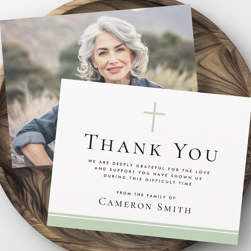 Light sage green cross funeral sympathy photo thank you card