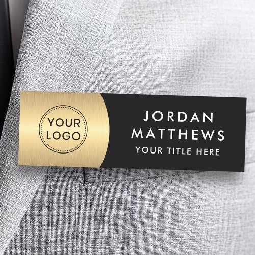 Modern logo, name and title golden gradient black name tag