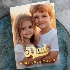 Retro dad we love you photo hearts fathers day foil greeting card