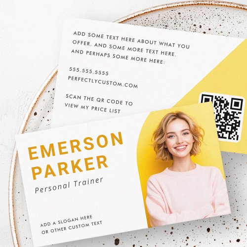 Customizable modern yellow and white business card with photo template, QR code, and bold typography. Perfect for fitness trainers, real estate agents, consultants, coaches, and service-based businesses.