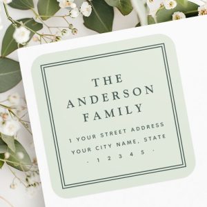Timeless personalized return address label with sage green background, double-line border, and elegant serif font for your family name.