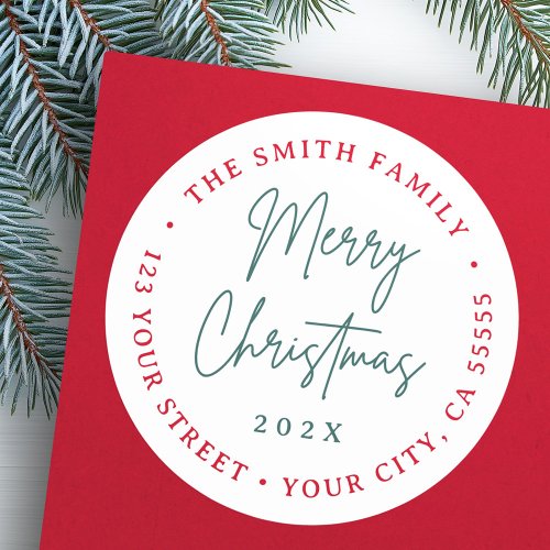 Merry Christmas red green script return address Classic Round Sticker