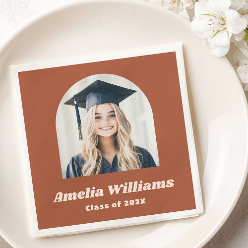 Elegant arch graduate photo retro name terracotta napkins