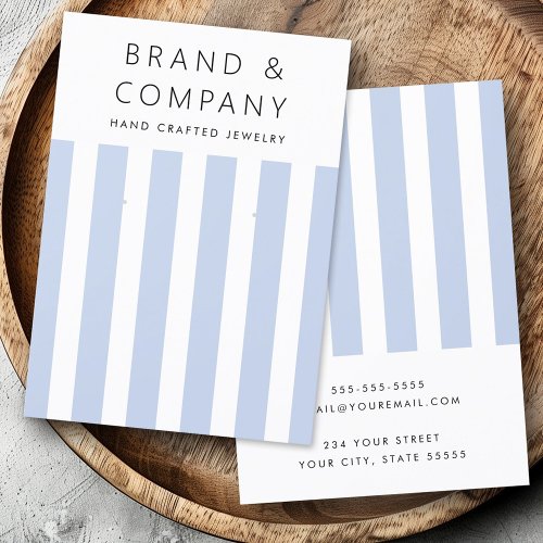 Elegant custom blue and white striped earring display card with brand name and contact details.