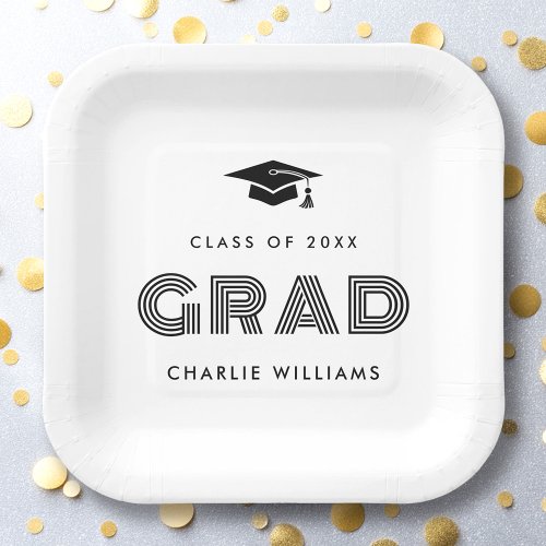 Modern white Graduation paper plates with graduate cap and personalized student grad name, school and class