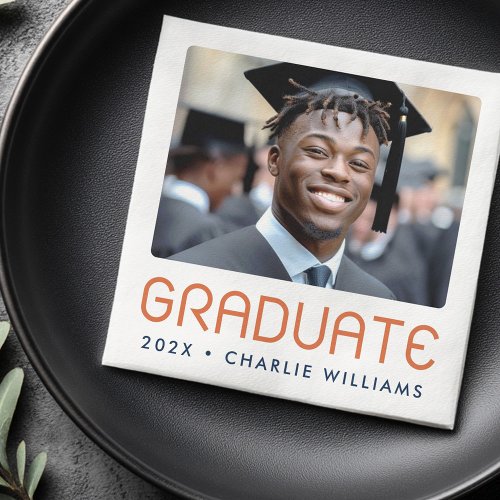 Personalized graduation napkin with graduate’s photo, name, and class year.