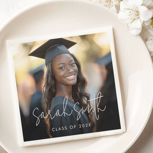 Custom graduation napkin with graduate photo, script name design, and class year.