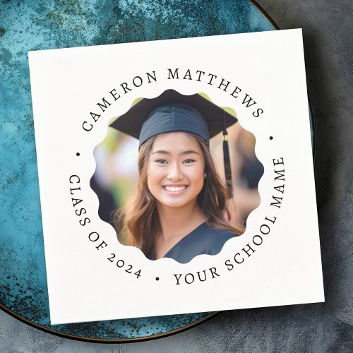Custom graduation napkin with graduate photo framed in circular wavy border and personalized text.