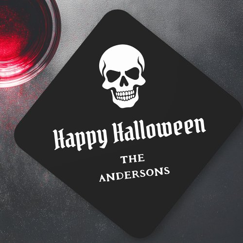 Happy Halloween spooky skull custom name or text Square Paper Coaster