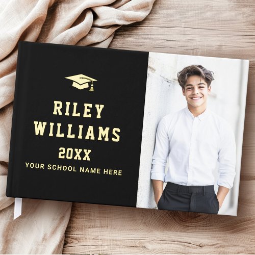 Personalized real foil graduation guest book with bold black background, foil-stamped graduate name, year, and school, plus custom photo panels front and back. Available in gold, silver, or rose gold colored foil.
