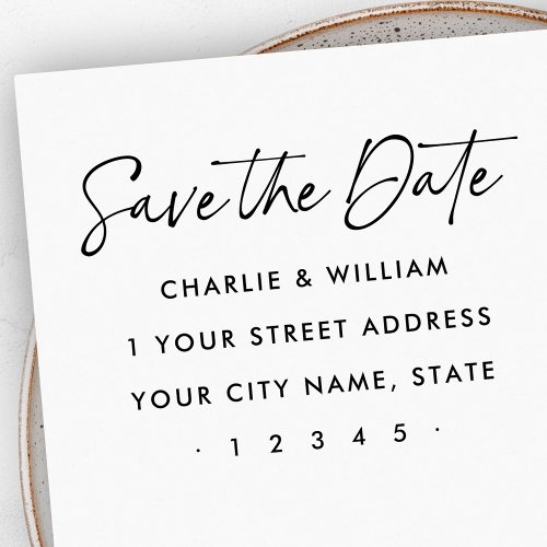 Save the Date elegant script return address Rubber Stamp