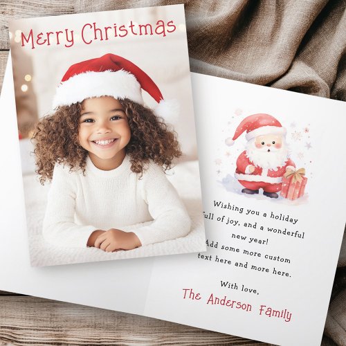Cute Santa watercolor Merry Christmas photo folded Holiday Card