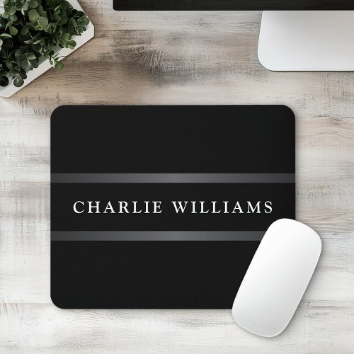Custom black mousepad with sleek gray stripes and elegant white serif text in the center. Stylish and customizable office desk accessory for professionals and students.