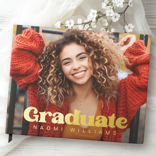 Real foil graduation guest book with custom photos, bold foil-stamped “Graduate” text, and personalized name details. Elegant keepsake for graduation parties and celebrations.